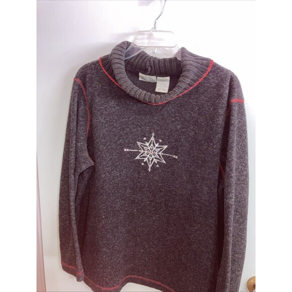 Basic Editions Charcoal Grey Embroidered Snowflake On Front Fleece Top Large - Picture 1 of 4